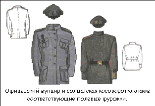 Офицерский мундир и солдатская косоворотка, а также соответствующие полевые фуражки